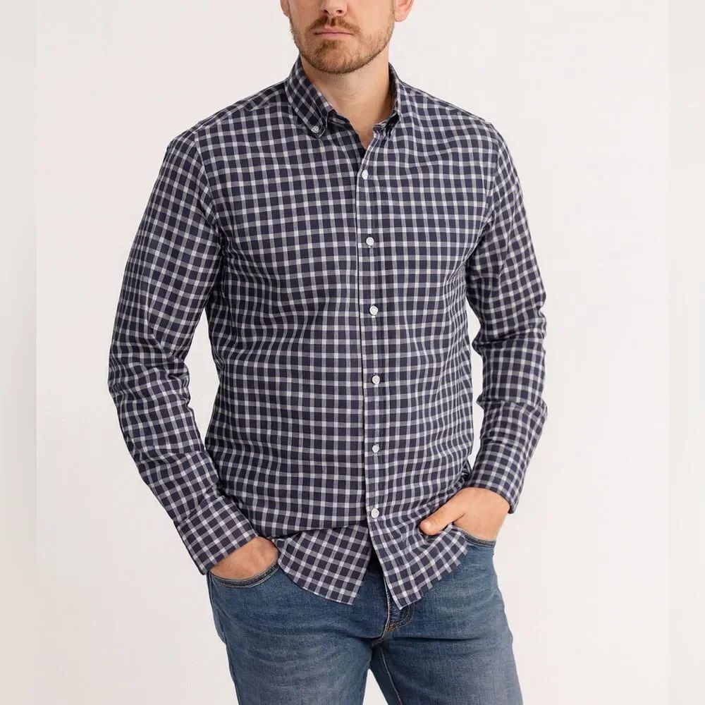 BOSS Hugo Boss Blue Gingham Check Button Down Shirt Regular Fit 17.5